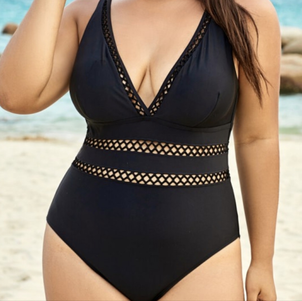 Black Lattice Plunge V-neck One Piece Swimsuit